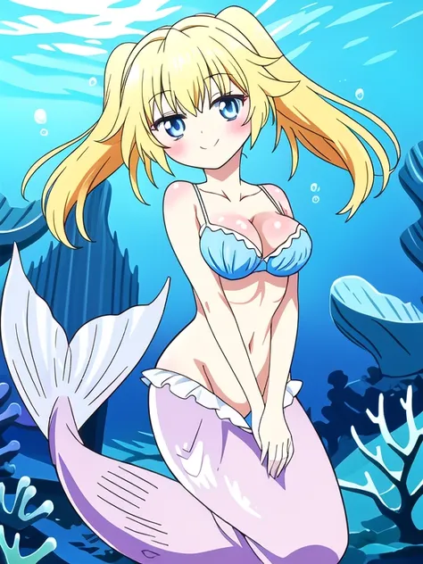 fate mermaid Anastasia Nasuhara(OniAi), tall, mature, blonde hair, blue eyes, large breasts, underwater sea, bubble airs, smile, red blush, looking at viewer, bra,