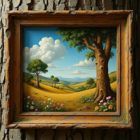 Old picture on bark in early Renaissance style and outstanding colour, of a lush plain with earthy land and a few large green trees with brown trunks all around with blue skies and a few flowers
