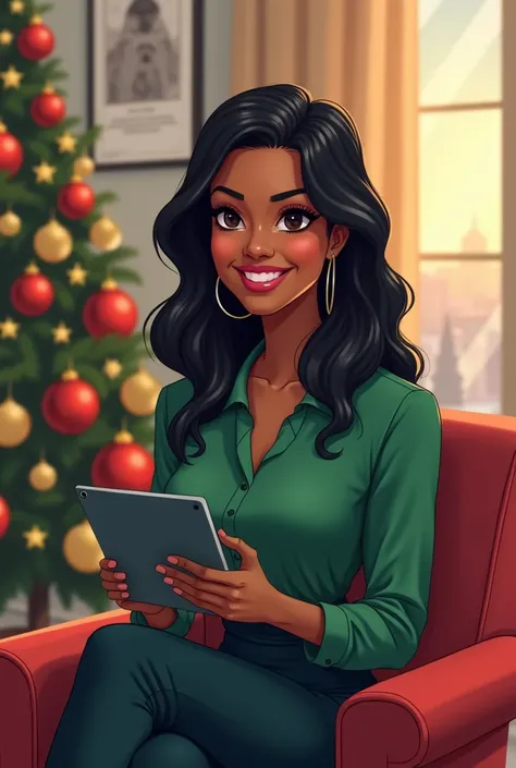  Professional real cartoon of a dark-skinned woman with long wavy black hair wearing modest green cross-legged black party blouse sitting in an armchair, in her office holding a tablet profession Beautiful smiling female model saleswoman ,dark skin color s...