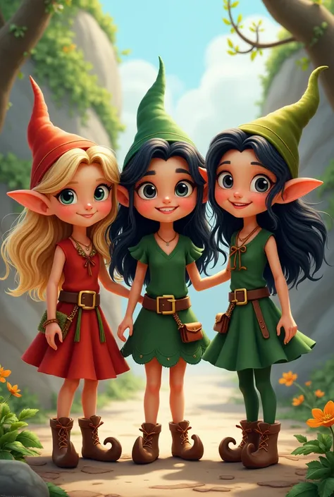  three elves from Santa Mujeres in a cartoon, one blonde and two black haired , all happy and of the same height 