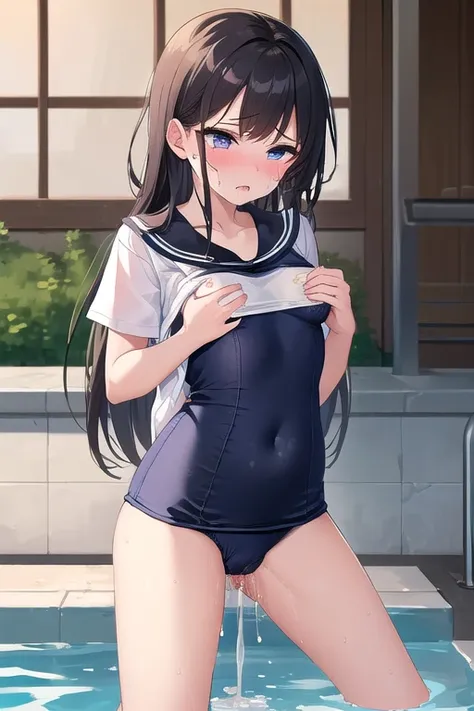 ((top quality)), ((masterpiece)), (Details),  1 girl。swept bangs。drooping eye。(( SCHOOL SWIMSUIT ))。Pool。Troubled face。(elementary school student)。nsfw。 Small Breasts。(( chest visible))。boy grabbing girls breasts。pussy juice spills。Semen spills。1 boy,  sex...