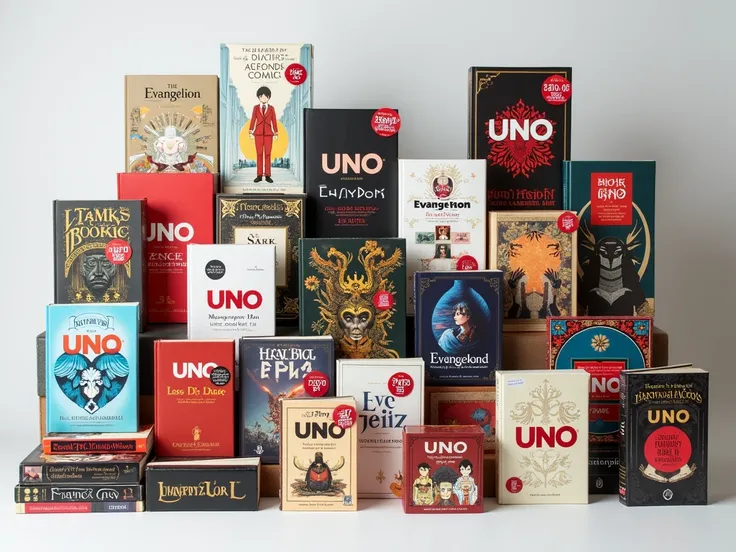 A collection of books and entertainment products, including graphic novels, comics, and classic literature, such as works inspired by Evangelion, The Divine Comedy, and other cultural landmarks. The books are neatly arranged and sealed in attractive packag...