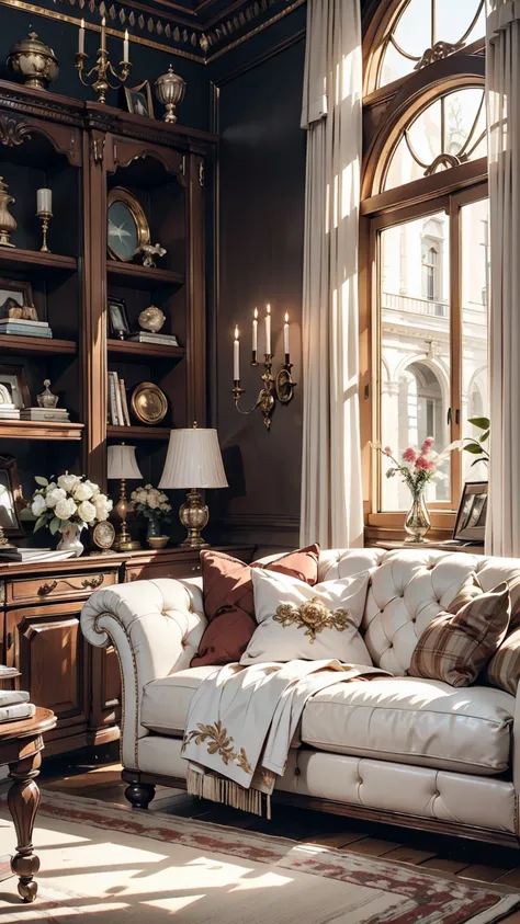 Living room decorated in European style, Luxurious and sophisticated atmosphere. Delicate interior decor details 、 highlight the rooms refined style ,  A carefully thought out decorative design adds the perfect finishing touch