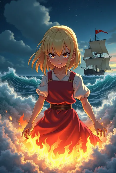 Anime characters , medieval,  young blond girl pissed off with a look of revenge a flaming bottom and a sea, A pirate ship and a starry sky  