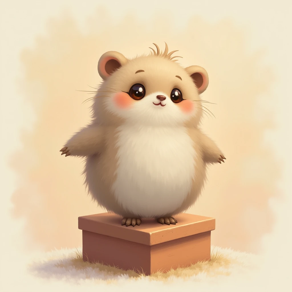 A round furry animal with a blank expression, big eyes, tilting its head, looking at you, frolicking on the kalimba box, so cut, pastel fluffy background, ultra detailed, absolutely resolution, masterpiece