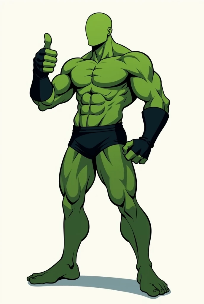 A comic style character, He is faceless and the overall body is green color. He trains with his bodyweight and has built quite lean and athletic physique, Although he is not too muscular he has good frame with big shoulders but still lean. He is wearing a ...