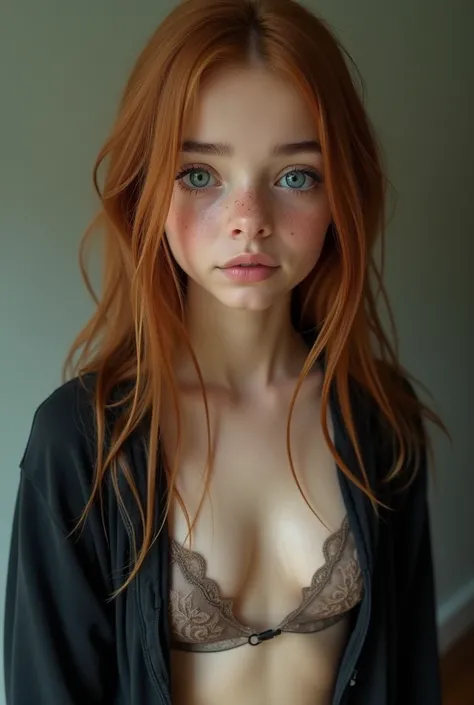 (REALISTIC), A girl with pale skin, age 14, freckles on his nose, a curved nose, blue eyes, black eyebrows, long, straight, waist-length caramel-colored hair, an open black jacket, no bra, no shirt, flat chest, nipples.