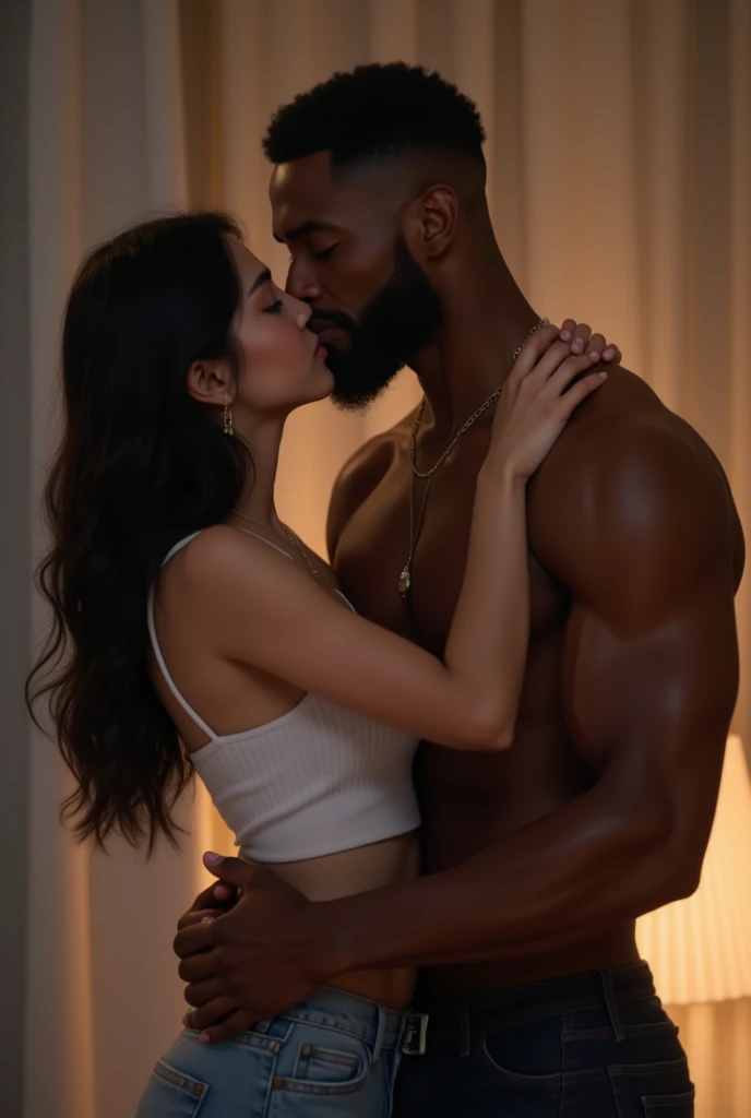 Cute korean girl (17 y.o) wearing crop top, with 40 y.o black man, kissing and hugging