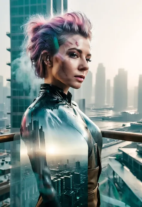 abstract colors, texture, film grain, skin pores:0.1 intricate dramatic portrait of a beautiful windblown scifi scientist standing on a balcony overlooking a futuristic (solarpunk)1.2 city, foggy morning, cinematic movie still frame, blade runner 2049, pun...