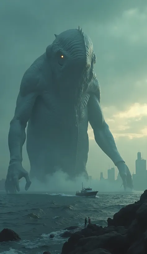 The visceral marine creature, over 100 meters tall, rises from the depths of the sea in the distance, its enormous form looming against the horizon. As it emerges from the water, mist and spray distort its massive silhouette, creating an overwhelming sense...