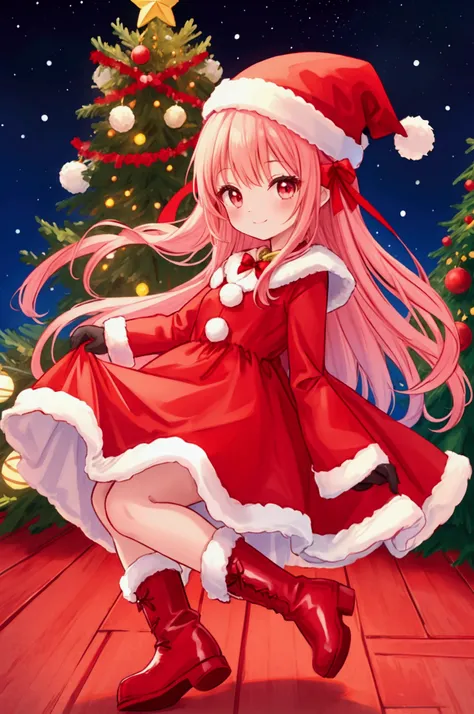  girl、smile、Children、 Santa Claus、Santa hat、Red gloves、Santa Dress、 One Piece Dress、 Long Skirt、 boots、 Christmas tree