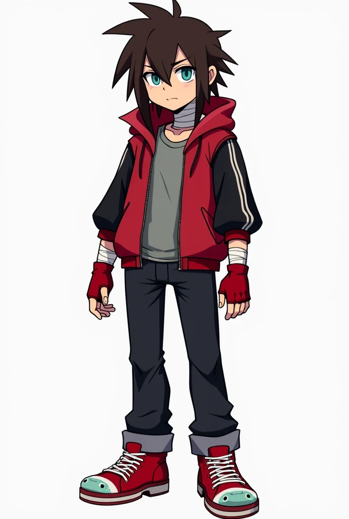 Create a character that has long dark brown hair with spikes with spikes,  with a large long choke in the center and bright cyan eyes he wears a red jacket with black sleeves and a white line , dark black jean pants and fingerless red gloves .  He also wea...