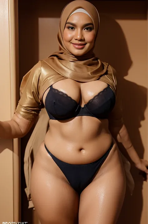 Fair skin and beautiful malaysian woman, wearing hijab, wearing skin-color bra and panties, sweaty oily shiny skin, exposed her right underarm and armpit, busty large heavy round dropy breasts, sexy beauty pose leaning forward for camera, full body camera ...