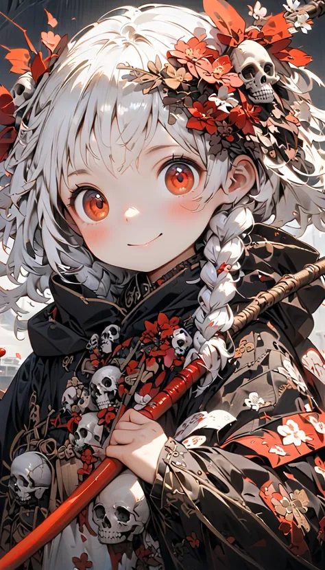 Alone,1 Female(grim Reaper,cute,Cute,Age 10, hair color is white ,  hair with braids, messy hair standing in the way,Eye color is dark, big eyes, white skin, big smile,enjoy,whole body,grim Reaperの黒いローブを着て,( black hood),holding scythe,skip, flower hair orn...