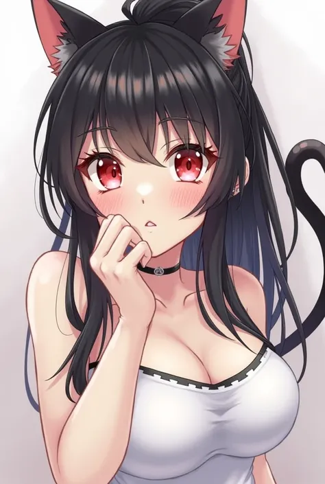 1girl, High Resolution, Solo, Long Hair, Looking at viewer, Bangs, Black Hair, Red Eyes, Animal Ears, Ponytail, Masterpiece, Best Quality, Textured Skin, Large breasts, Earrings, Cat Ears and tale, Blush, Makeup, binkine