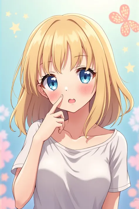 Anime blonde teenage girl touching her nose with her tongue