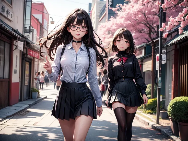 (( best quality )), (( masterpiece )), (Detailed), ( Black pleated skirt for students ,  dynamic lighting , movie lighting), 動漫wind格, Cute Japanese girl, ((Front view)),  looking at the viewer ,  wind ,  perfect body structure ,  White collar shirt with bu...