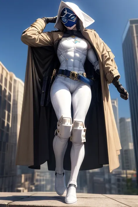 ((best quality)), ((masterpiece)), (detailed), 1 femboy in a trench coat standing on a building, full body, 19 years old, masked, white mask covering his entire head and hair, 3d glasses, blue eyes, black face mask, no hair, tall and slender, long beige tr...