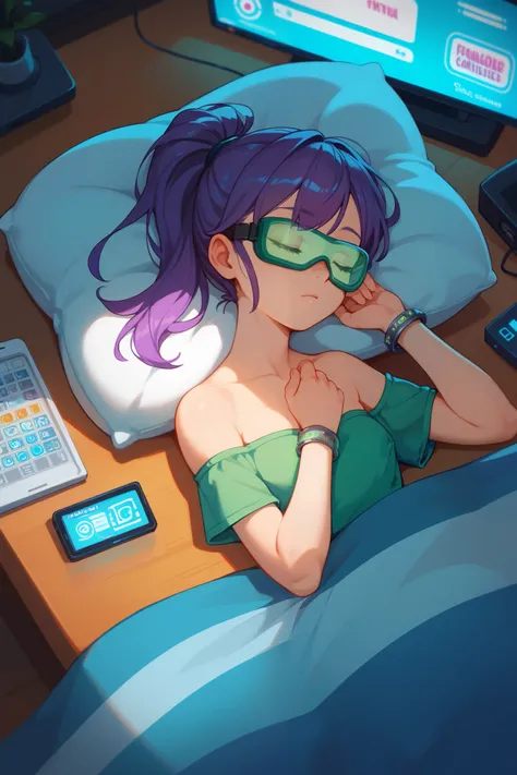 Solo, sleeping a top bunkbed, pillows, blanket, from above, Girl with closed eyes, purple hair, long hair, ponytail, swept, bangs, deep in thought, thin, green tinted goggles on desk, wearing strapless green top, tv screens in background, control panel, fl...