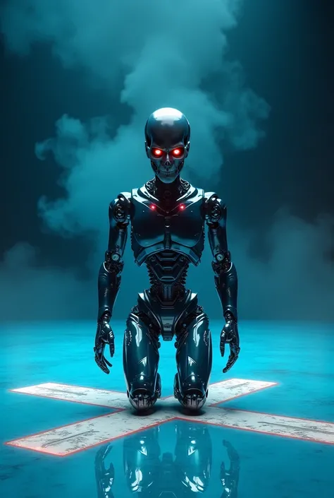 It generates an image like this with this robotic appearance complete the body but it is kneeling in front of the camera here with red eyes and is on a stage with an x on the bright blue floor this stage is not dark the floor but the floor reflects it has ...