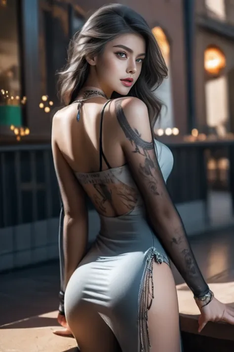 Create a hyper detailed photograph of a tattoos young sexy female berserker deathknight, Stunningly perfect gorgeous soft feminine face, perfect makeup, detailed vibrant Florent neon eyes, long hair, high detailed beautiful legs, high detailed beautiful ar...