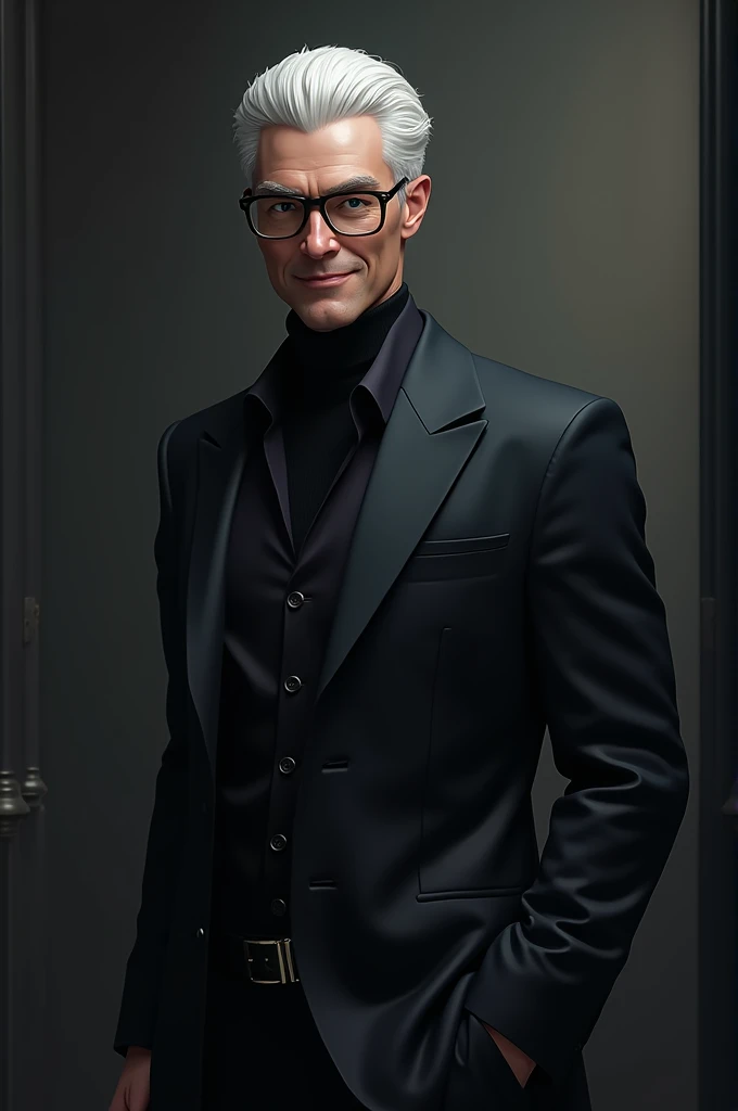 Handsome white hair, long black clothes, glasses, male smile