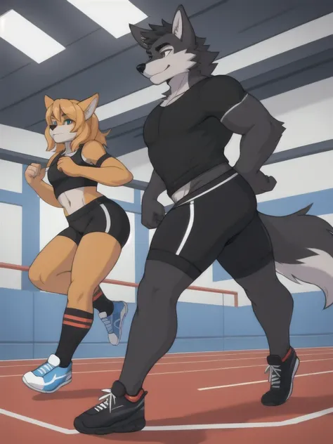 Furry, wolf, female, male, couple, black shirt, black spandex bike shorts, shoes, indoor running track, teen, competitor, full body