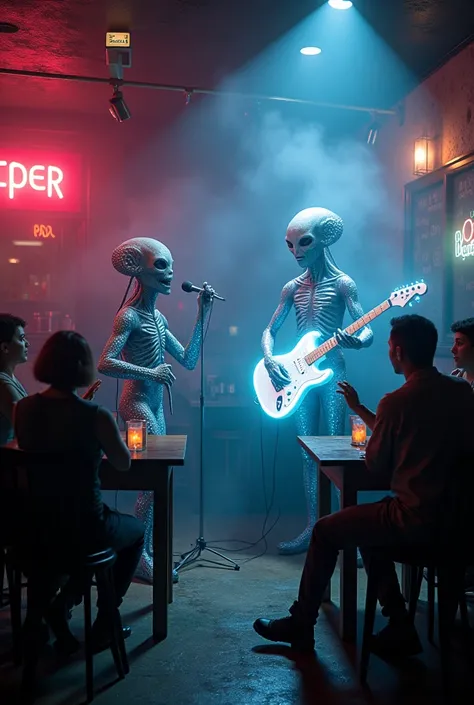 "An intimate bar setting where an alien band performs for a human audience. The alien vocalist, with tentacles and glowing patterns, sings passionately, while the guitarist strums a translucent, light-emitting instrument. Humans sit at tables, some watchin...