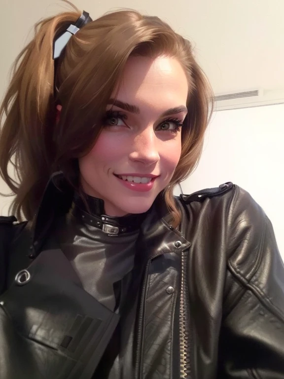 there is a woman with a ponytail and leather jacket posing for a picture, she wears leather jacket, wearing leather jacket, in an old 1950s leather jacket, dressed in leather jacket, dressed in short leather jacket, androgynous person, portrait!!!!, wearin...