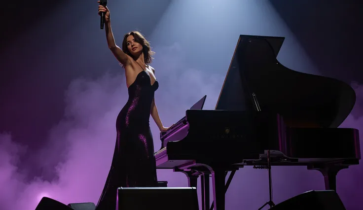 Cinematic ultra-high-definition, end credits fade out and transition to Callizto sitting at the piano, spotlight on her, wearing a sleek black gown with purple highlights shimmering in the light, she grabs the  microphone with one hand. and stands up next ...