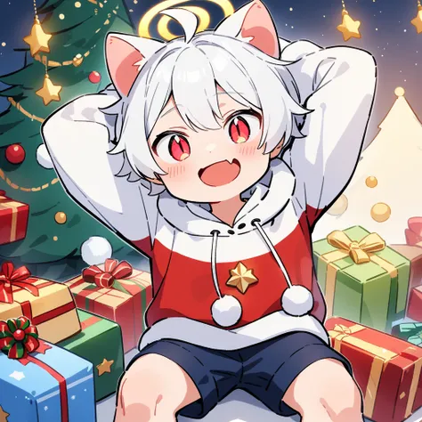 （masterpiece：1.2，high quality），8k，High resolution，A seven-year-old boy，cute boy，white hair，short hair，light red eyes，slit pupils， ahoge，cat ears，laughing，skin fang，halo，Wearing a white hoodie，Dark blue shorts，Christmas ，Christmas tree，Gift，primary school s...