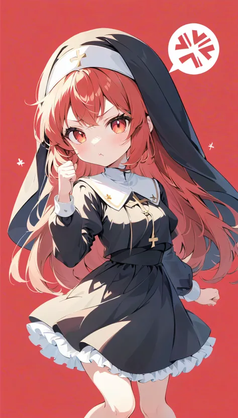  high definition ,  medium chest , :<, pout, anger vein, light red hair, high ponytail, clenched hand,  eyes symbol ,  cute background,  anime style, whole body, nun