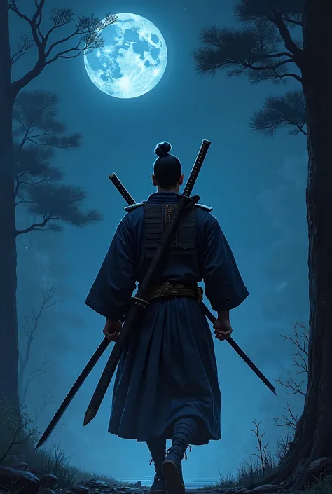 A samurai hanging his sword from a strap on his back and a black ribbon on his hand. In the background above, there is a blue moon and night on the samurais head, and the samurai is walking towards the camera, and there are trees beside him.