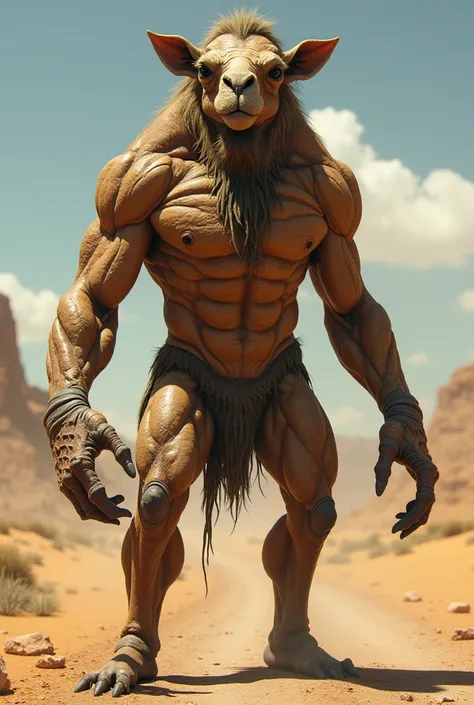 Create a creepy hybrid creature with a mix of a muscular mans body and a camel 