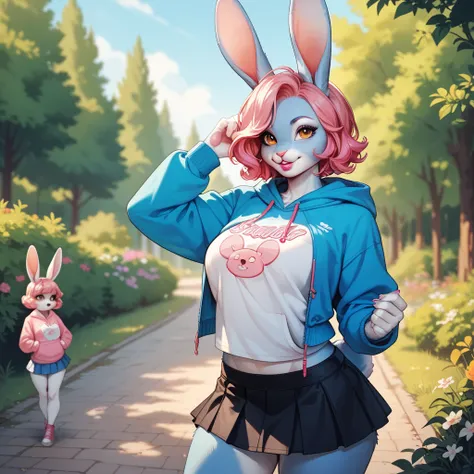 rabbit, furry, hoodie with rabbit emblem,  short black skirt ,  in the middle of a hill ,  big boobs, blue fur, curled pink hair , amber eyes, lipstick