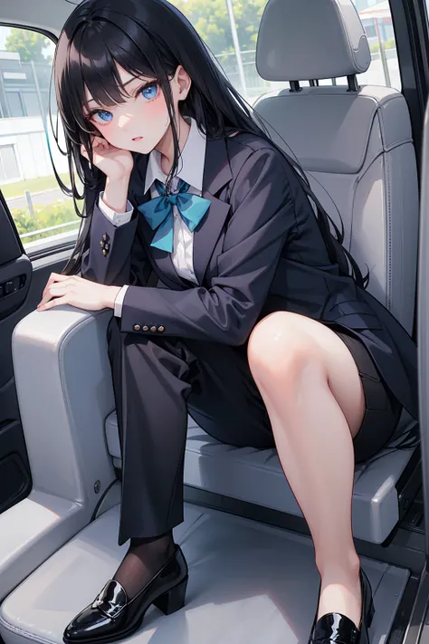    High school students   ， already, Black Hair ， With warm blue eyes   ，  wears a brand new blue suit and black heels ，  Pure white collar and bright green bow  。 has long Black Hair and warm blue eyes ， Lean back in the car seat ，  Pose Alluring , spread...