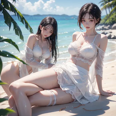 （ realistic 、 realistic ：1.37），（8k,raw, top quality，Harvest a masterpiece of ：1.2）， super high resolution、Wet body､No underwear､Bend your knees and hold hands、(((Extremely transparent wet off-the-shoulder lace skinny top with pure white shoulder straps､ pr...