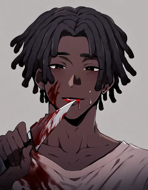 1boy, solo, messy hair, deliciated features, no fringe, without bangs, handsome boy,  holding up a bloody knife, blood on his cheek, stud earrings, very dark skin, dreadlocks, holding up a bloody knife, blood on his cheek, stud earrings, dark eyes, yandere...