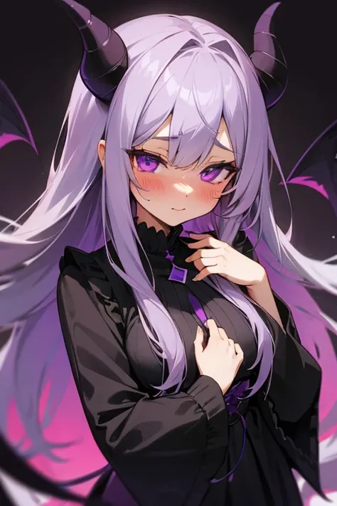 demon girl
1 girl,  long hair, chest,  and blushing ,  purple eyes, Gray Hair
