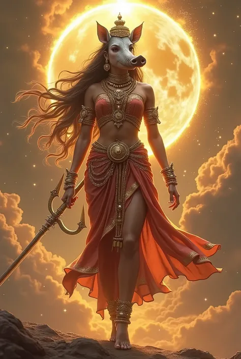 "Create an ultra-realistic image of warrior goddess Varahi, emphasizing her extreme beauty and divine power. She should have a small boars head with less facial hair, seamlessly integrated with her skin tone, giving her a unique yet graceful appearance. He...