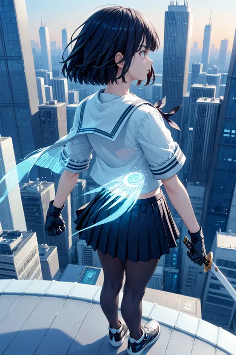    in a vibrant neon futuristic city 、 A determined high school girl in a summer sailor suit is standing on the roof of a skyscraper 。 she has a shining katana in her left hand 、 her blade reflects the citys colorful light 。There are 4 swords floating on h...