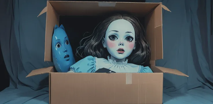 Doll in a box, Unboxing of a doll, horror film moment of befallen woe, VHS, glitch, distorted, nostalgia, 90s retro vibes, analog tape, vcr aesthetics, tv, television, hand drawn, (full roygbiv color, monochrome blues) ink charcoal expressive illustration,...