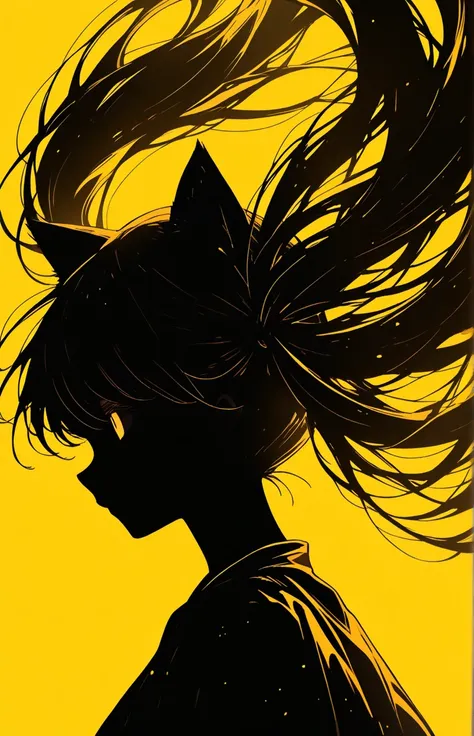 silhouette girl, cat ears, flowing hair, big long twin tails, Minimalist reflective surface, yellow background, depth, portrait