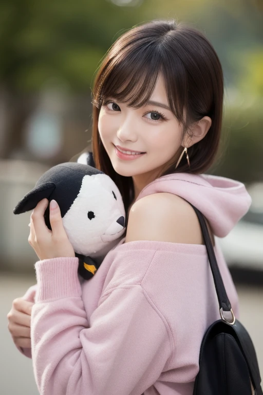  Inhaling Eyes , cute double , A woman hugs her favorite stuffed animal at the penguin show,  cute penguin, Inward-curling short hair, hairpin,  clothes chosen for a date , Talented , Kind personality,  woman who is very particular about the details ,  det...