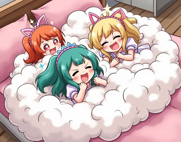 An anime-style comic depicting many fairy-maids playfully wrestling with each other inside a  bed comical fight cloud.
each maid has different  colored hair.
their faces,hands,and feet are visible emerging from the cloud as they tussle humorously,  with th...