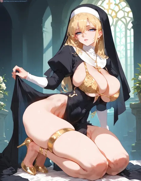 Hot pale Blonde, blonde hair, blue eyes, nun, seductive look, skimpy outfit, Wearing a skimpy nun outfit, skimpy skirt that exposes her thighs lifting up her sleeveless nun top to show off her bra and cleavage, necklace, gold hoop earrings, high heels.