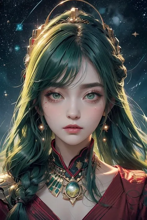 (    top quality :1.2),       On top of the girl ((Green Hair:1.2))、 realistic      :1.37, fantasy, Illustration,     green eyes、      queen      ,       Red Dress     .Platinum decoration、beautiful、((beautiful目)).      eyeshadow red      、      thick eyeb...