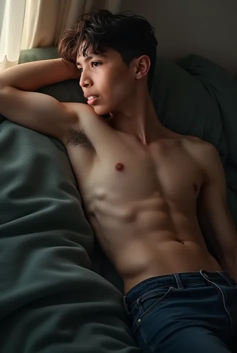 a sexy young man, slim, lying on his back in a seductive pose, tight clothes, perfect curves, small waist, beautiful face, detailed eyes, detailed lips, realistic, photorealistic, masterpiece, hyper detailed, cinematic lighting, dramatic colors, ethereal a...