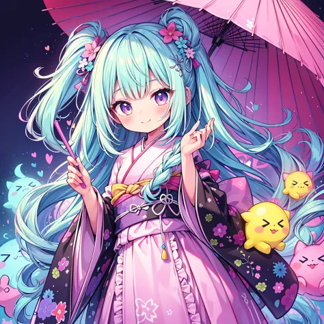 to you,] neon color、 top quality、 Highest Masterpiece、 super detailed、 dynamic best composition 、 simple background、Seven hair colors、 Smooth Straight Hair 、Goth Kimono、whole body、cute、Frills、fun、smile、Hurrah、 Cute and Unique Hairstyles、シアン neon colorパレット、...