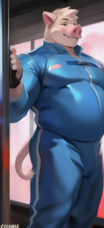 Solo,big man​, huge​ body​,​standing​, Pink World,pig , blue military spacesuit, overweight, muscular,Sweet smile,yandere, by chunie